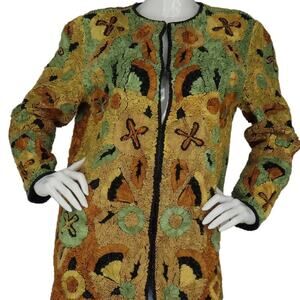 Vintage Floral Beaded Sequin Jacket Silk 3D Origami Fold
